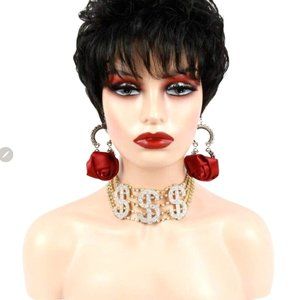 Brand New Natural Black Human Indian curly full woven Wig with Bang Layered 180%